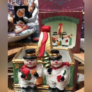 ☃️ Vintage Festive Snowman Basket with Gold Accents